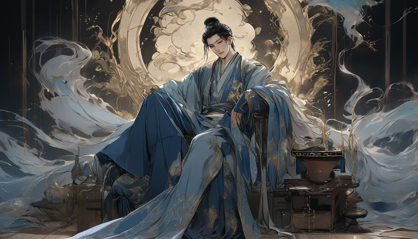 Line art drawing comic a perfect handsome male, Clear Face, 18-year-old boy, Slender, Hanfu, ((whole body)), villain, Detailed face,Perfect hand-crafted detail,Dark Background,liquor,Throne,
cast (unfathomable,Bamboo Flooring,Snake Glass Panel Brownian Motion,Diagonal lines,Zenith angle,Dust storm,Superfluid,ball,oval ,Flowing magic:1.0)| emperor, (Vibrant,Illuminate,Enthusiast,cycle,dark blue,Chrome Yellow Arcanum,Dazzling,shine ,liquid crystal,Space dust,Teleport,The Magic of Dashed Lines:1.0) Purification spell, Trace the symbol on the parchment with a quill, Precisely craft a spell, Astral Sparkle, Simple Positive XLv1, Ultra-high resolution, wallpaper, 8K,Richly textured details, Elevation, A magnificent composition, . graphic illustration, Comic art, graphic novel art, Vibrant, Very detailed . Professional, Sophisticated, Modern, Minimalist, graphic, Line art, vector graphics
