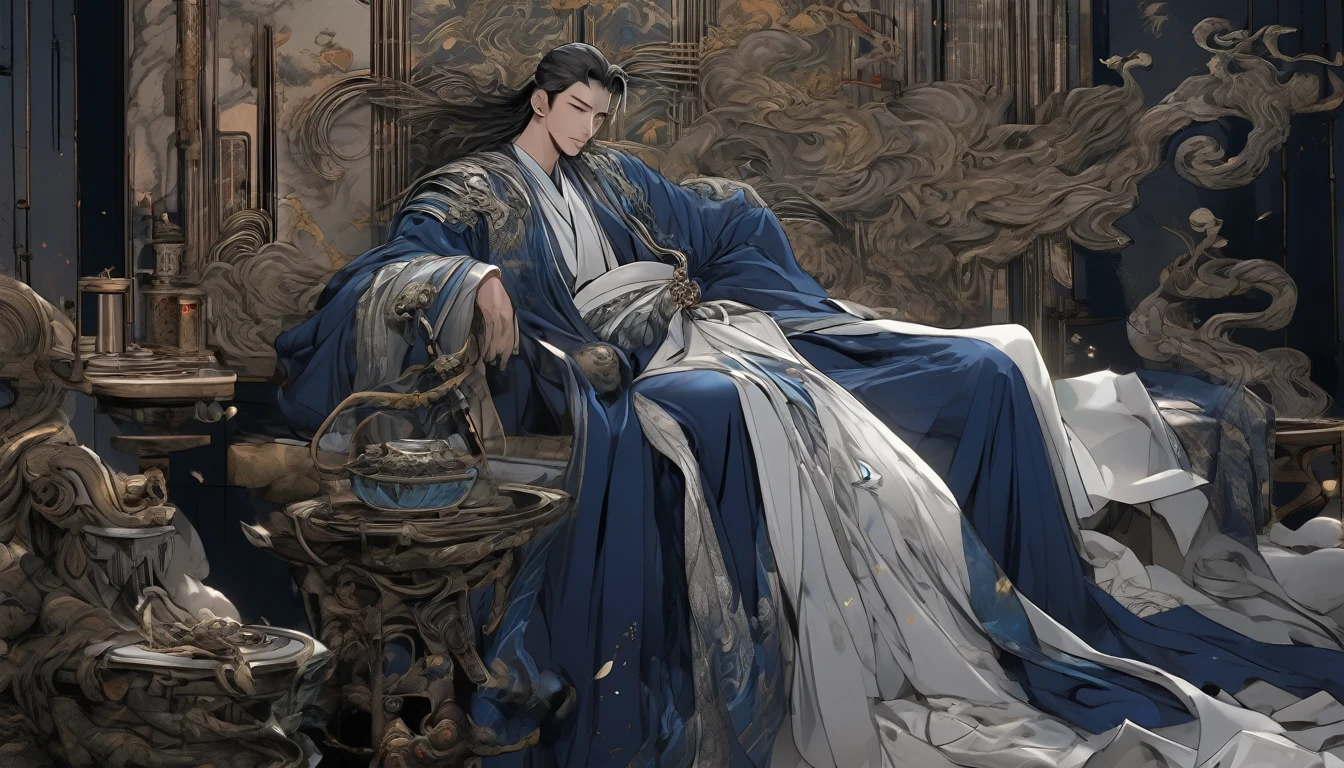 Line art drawing comic a perfect handsome male, Clear Face, 18-year-old boy, Slender, Hanfu, ((whole body)), villain, Detailed face,Perfect hand-crafted detail,Dark Background,liquor,Throne,
cast (unfathomable,Bamboo Flooring,Snake Glass Panel Brownian Motion,Diagonal lines,Zenith angle,Dust storm,Superfluid,ball,oval ,Flowing magic:1.0)| emperor, (Vibrant,Illuminate,Enthusiast,cycle,dark blue,Chrome Yellow Arcanum,Dazzling,shine ,liquid crystal,Space dust,Teleport,The Magic of Dashed Lines:1.0) Purification spell, Trace the symbol on the parchment with a quill, Precisely craft a spell, Astral Sparkle, Simple Positive XLv1, Ultra-high resolution, wallpaper, 8K,Richly textured details, Elevation, A magnificent composition, . graphic illustration, Comic art, graphic novel art, Vibrant, Very detailed . Professional, Sophisticated, Modern, Minimalist, graphic, Line art, vector graphics