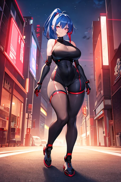1girl, red eyes, blue hair, short hair, ponytail, large breasts, hourglass figure, bodysuit, black bodysuit, neon, neon trim, machinery, tech, science-fiction, futuristic, smile, standing, full body, ((full body)), ((long ponytail)), arms down, hands down, robot girl, pantyhose, black pantyhose