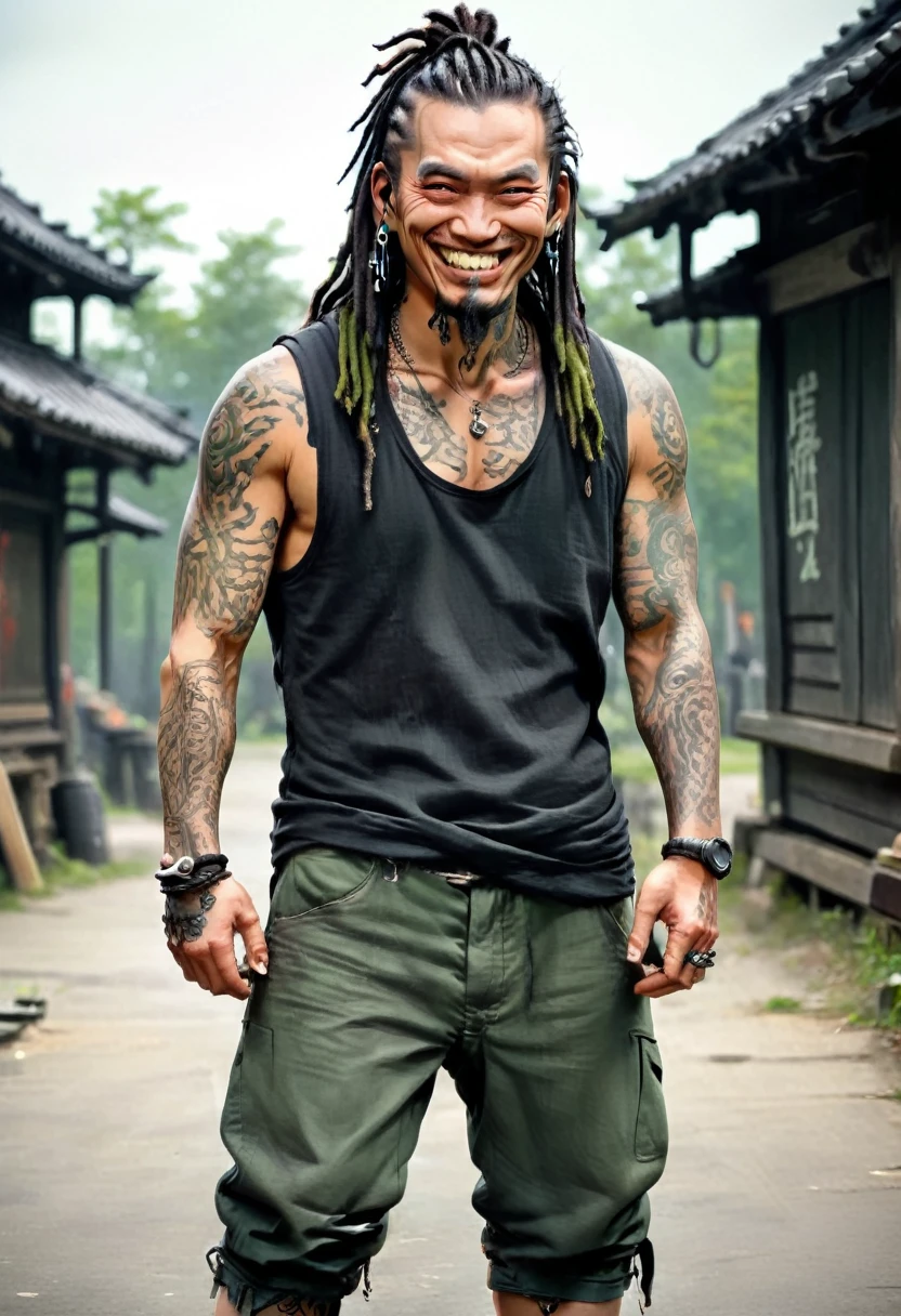 Wang appears as a man with a fair construction and a rather horrible look on his face that reflects his true personality with his cruel smile and slanted eyes, His chin is quite elongated and he is shaved. He has dark hair styled in dreadlocks. He wears a black vest without sleeves with a number 8 on the back, a gray tank top and dark green pants which is also the uniform used by his clan comrades. In addition, to prove that he is the leader of the clan, he also has several tattoos on his arm. He two percing at both ends of his lips, and he sports a sadistic smile. [Male] [Cruel] [Sadistic] [Muscular] [Tattoos] [Dreadlocks] [Scary Face]