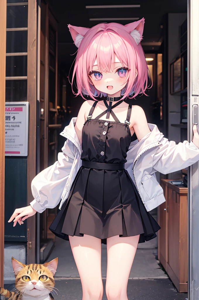 Browsing Caution,Very beautiful and Shining Eyes、Shining Eyes、1 Girl、Small breasts、Big Mouth、Small breasts、Cat ear、Transparent pink short hair round、skirt、7-year-old girl、Childish clothes
