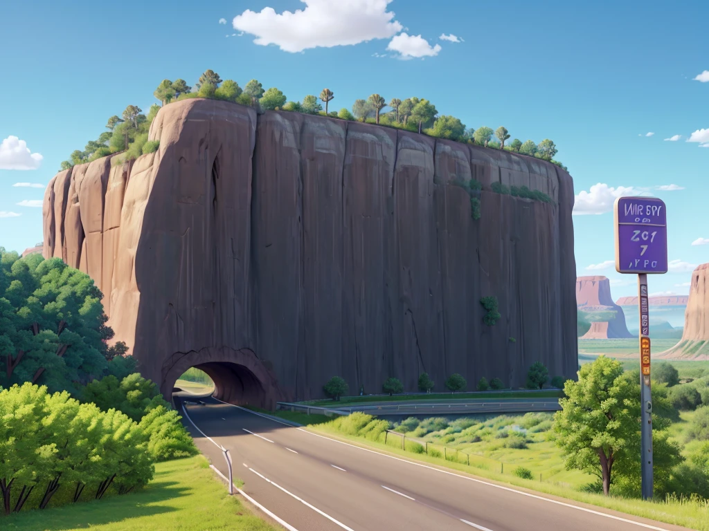 Image in aspect ratio 4:3; Highway scenery; blue and lilac sky; green vegetation; Route 66 sign on the side of the highway; gray highway; disney pixar style; qualidade hd; photo angle taken 150cm from the ground ; High definition; Canyons; Cactos