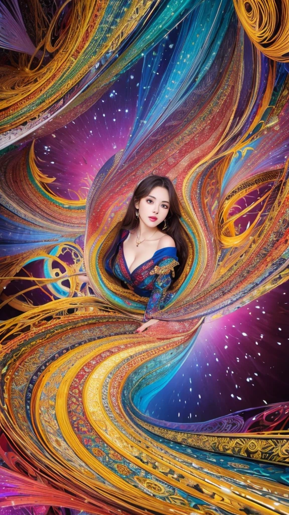 (masterpiece, top quality, best quality, official art, Beautiful and beautiful:1.2), (1 girl:1.3), Very detailed,(Fractal art:1.2),rich and colorful,most detailed,(Zentangle:1.2), (dynamic poses), (Abstract Background:1.5), (Traditional clothing:1.2), (shiny skin), (Many colors:1.4), Upper Body