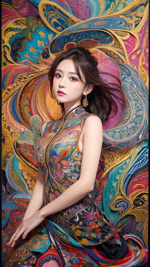 (masterpiece, top quality, best quality, official art, Beautiful and beautiful:1.2), (1 girl:1.3), Very detailed,(Fractal art:1.2),rich and colorful,most detailed,(Zentangle:1.2), (dynamic poses), (Abstract Background:1.5), (Traditional clothing:1.2), (shiny skin), (Many colors:1.4), Upper Body