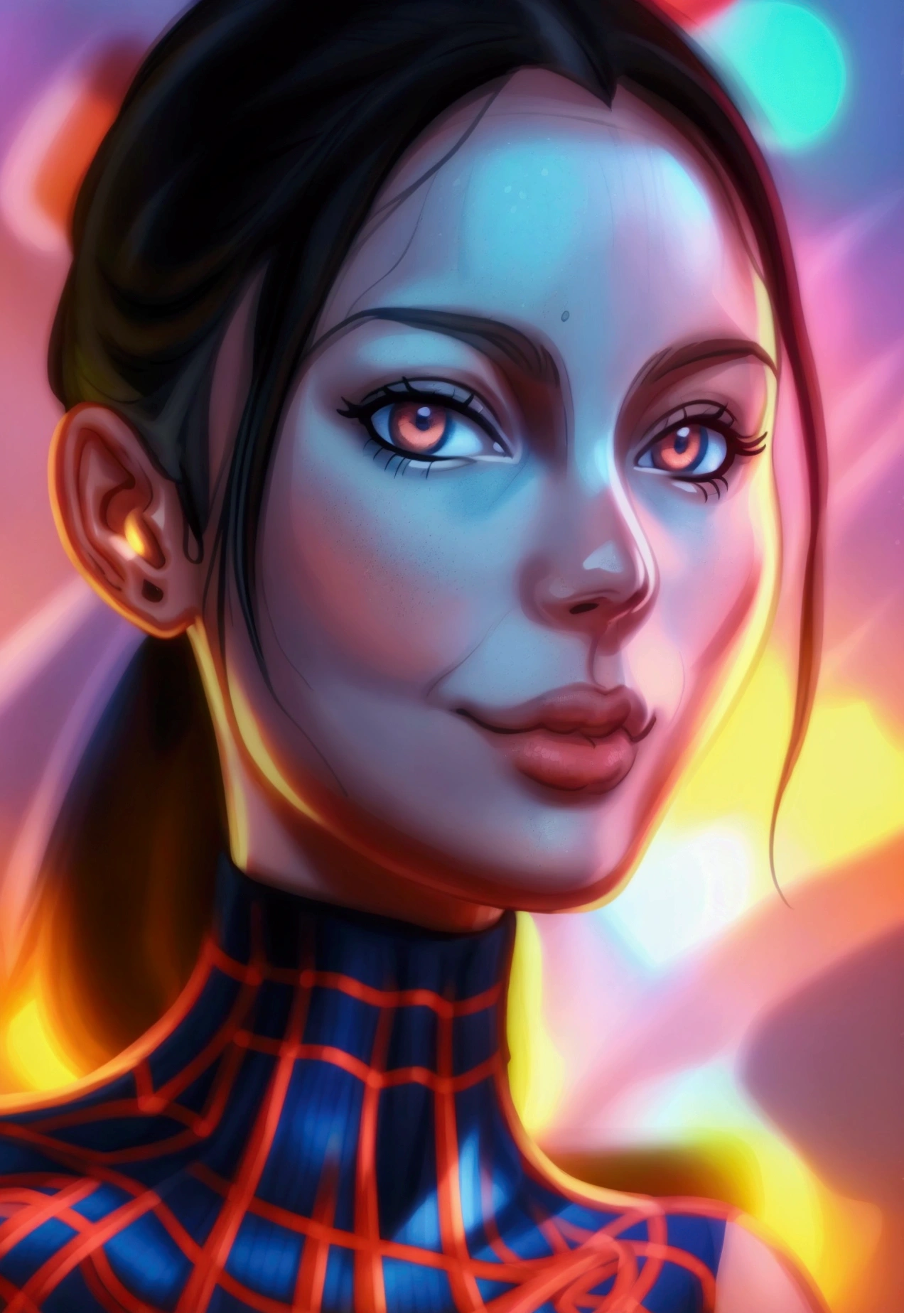 (Award Winning Digital Artwork:1.3) off (outline:1.3),(Energetic:1.3) Spiderwomam, EmmaRob,sociedaoff cg,estação off arte,(saturados:1.3),(close up portrait:1.3),(Female One:1.4),(comely:1.4),(appealing:1.3),bonitas,pose off calendário,olhos perfeitamente offtalhados,iluminação off estúdio,themed background