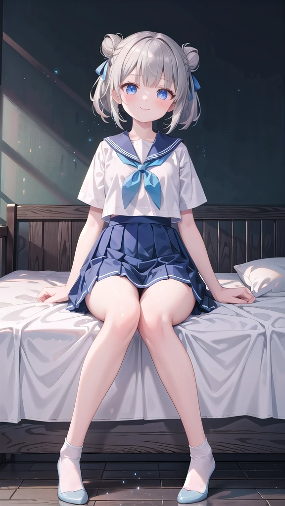 (masterpiece, best quality:1.3), One girl, double hair buns, (ash Hair:1.3), smile, Looking up, Medium chest, sailor suit, blue ribbon, blue skirt, Particles of light, Speckled sunlight, Sitting with knees apart, hold down the skirt with both hands, on the bed
