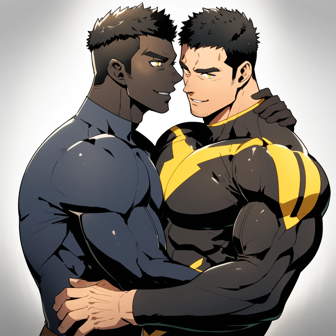 anime characters:Two superheroes in tights, Muscle superhero, negro black skin, They hugged and kissed each other, Bite your neck, Caress, Manliness, male focus, Yellow and black high collar long sleeve tight T-shirt, Slightly transparent material, Very tight, Round, full and perky chest muscles, Muscle waist, Slightly transparent, muscular male, muscular, only, Upper body, alone, Black short hair, Thick eyebrows, stubble, Yellow eyes, Grey background, simple background, amazing quality, best aesthetics, Ridiculous, bright pupils, crew cut, parted lips, seductive smile, torogao, naughty face, drop shadow, best quality