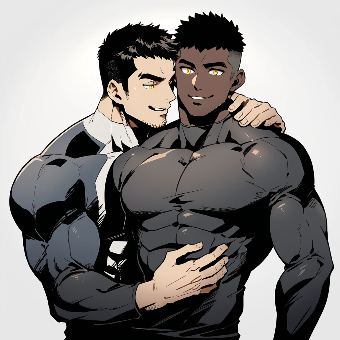 anime characters:Two superheroes in tights, Muscle superhero, negro black skin, They hugged and kissed each other, Bite your neck, Caress, Manliness, male focus, Yellow and black high collar long sleeve tight T-shirt, Slightly transparent material, Very tight, Round, full and perky chest muscles, Muscle waist, Slightly transparent, muscular male, muscular, only, Upper body, alone, Black short hair, Thick eyebrows, stubble, Yellow eyes, Grey background, simple background, amazing quality, best aesthetics, Ridiculous, bright pupils, crew cut, parted lips, seductive smile, torogao, naughty face, drop shadow, best quality