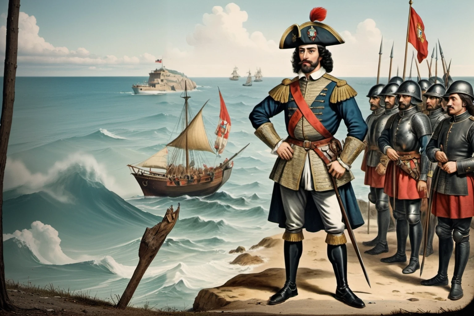1600 AD Portuguese Captain standing in front of his army near the sea. vintage picture