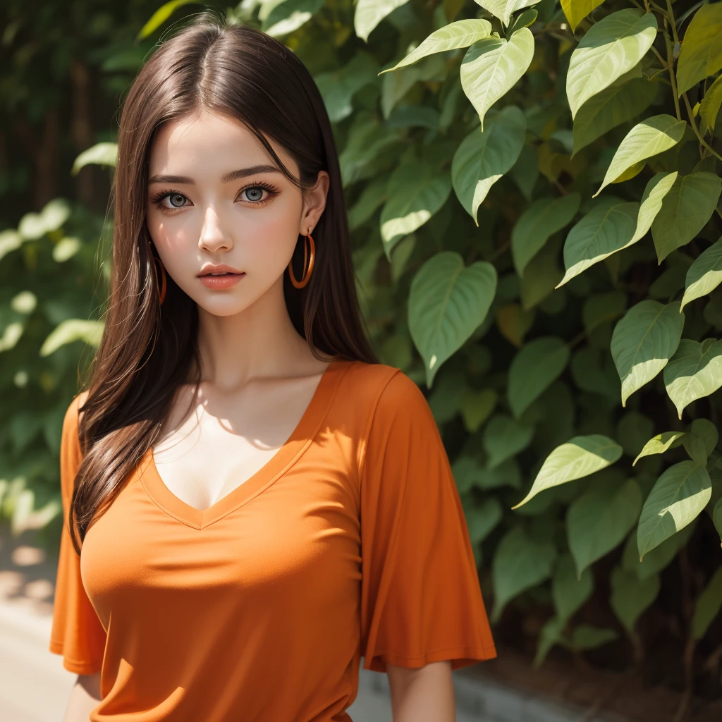 (8K, Best Quality, Photorealistic), girl walking, orange outfit tones. Orange Leafe ear ring. orange top. breasts big, beautiful delicate eyes. Pintura v na testa.