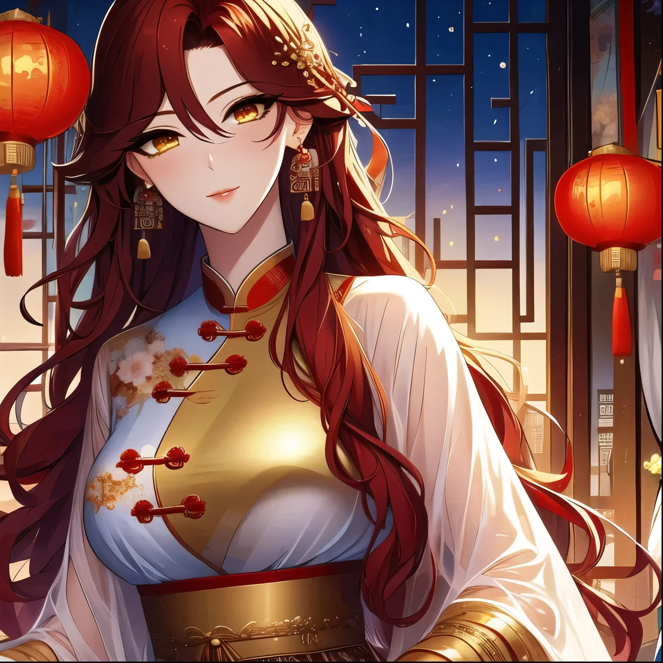 (masterpiece, best quality:1.2), 1women, xian mei, solo, chinese clothes, ultra long skirt, golden eyes, long red curly hair, jewellery, perfect anatomy