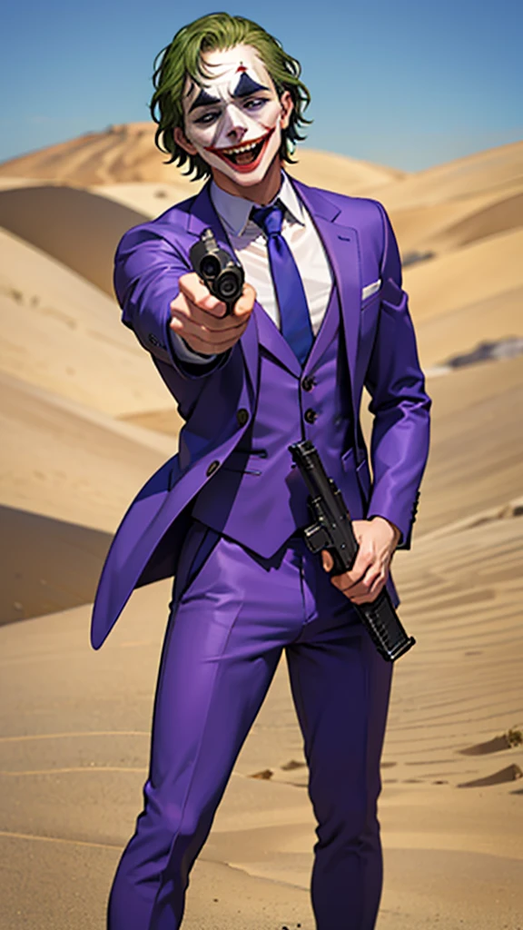 Masterpiece, best quality, The Joker wears a purple suit., , look at viewer,  Aim the gun., ถือpistol, look at viewer, stand, , ((pistol)),((Aim the gun.ไปที่ผู้ชม)),gun possession, desert, Laugh and laugh