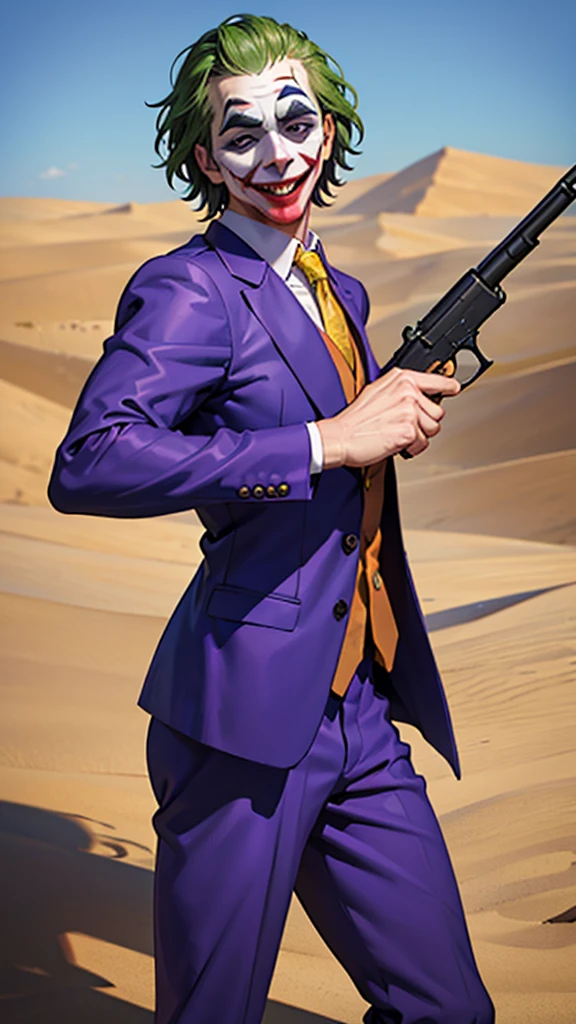Masterpiece, best quality, The Joker wears a purple suit., , look at viewer, Aim the gun., ถือpistol, look at viewer, stand, , ((pistol)),((Aim the gun.ไปที่ผู้ชม)),gun possession, desert, Laugh and laugh