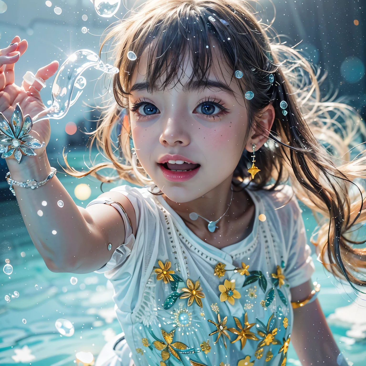 (8K TopQuality masterpiece: 1.2)(Realistic ProfessionalPhoto:1.37), VolumetricLighting. Tiny Girls, (girl jumping into the water)、Falling、splash water、shout、Luminous water surface、White and Bright colors, back lighting, Radiant PearlSkin, Stunning Elaborate pupil with (sparkling highlights:1.28) (Detailed KAWAII face) with cute lips, long eyelashes, Delicate clothes, {HiddenHand|Motion Blurred hand|(Corrected BabyLike Hand)}