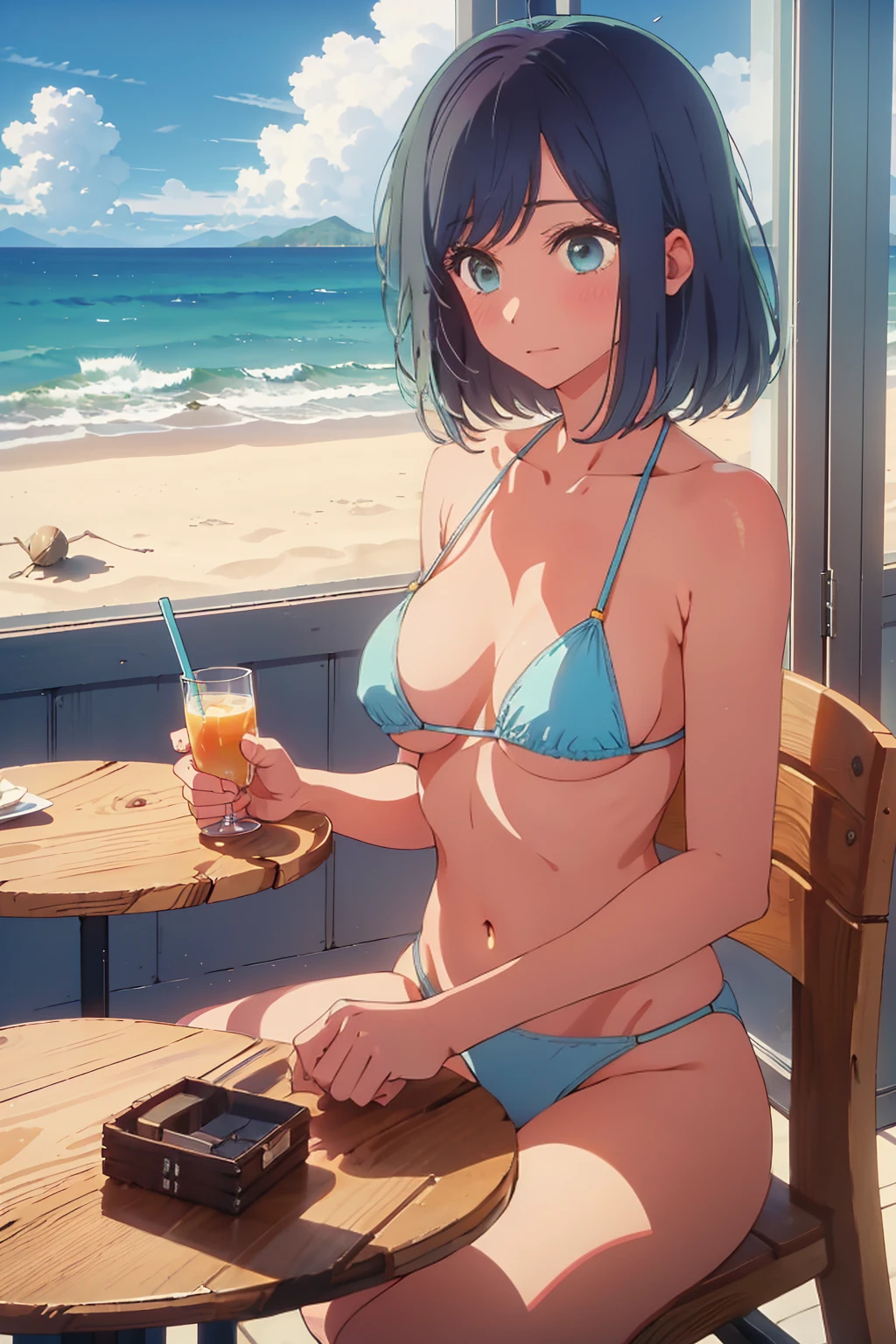 (Highest quality:1.4、masterpiece:1.4、Super detailed:1.4、8K:1.4)、((((1 person、Surprised expression、sit、Indoor cafe terrace、coastal、juice、table、Sandy Beach、juiceのグラスを持つ、Micro Bikini、Very soft boobs、Big eyes、Very cute face))))、(with clouds:1.4)、F cup bust、Medium breast、Underboob、Sideboob