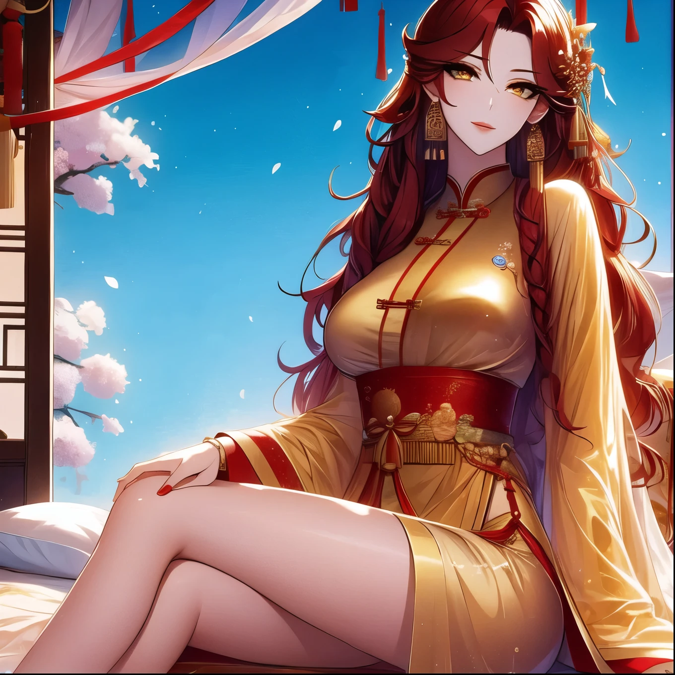 (masterpiece, best quality:1.2), 1women, xian mei, solo, chinese clothes, ultra long skirt, golden eyes, long red curly hair, jewellery, perfect anatomy