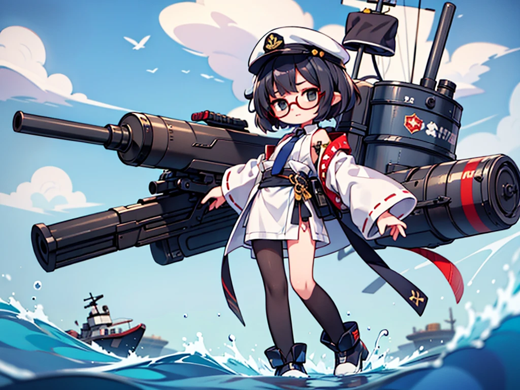(((masterpiece, Vision))), ((((Full body of a woman with perfect flat chest、1 Female、solo、Short unkempt black hair、Tie your messy hair at the nape of your neck、white military jacket、Miko costume、black tights、Black glasses are black、White military cap、Cloudy black eyes、Confused eyes、Junyo-inspired emblem)))), (((Shipgirl))), ((Floating on the morning sea with both feet)), (Standing with your legs apart)), Aim, (Hold the shotgun turret grip with your right hand), (Four white armored mechanical tentacles extending from its back), (Mechanical tentacles holding machine guns), (Equipped with a bridge on the back), (His left arm holds the grip of a triple machine gun),