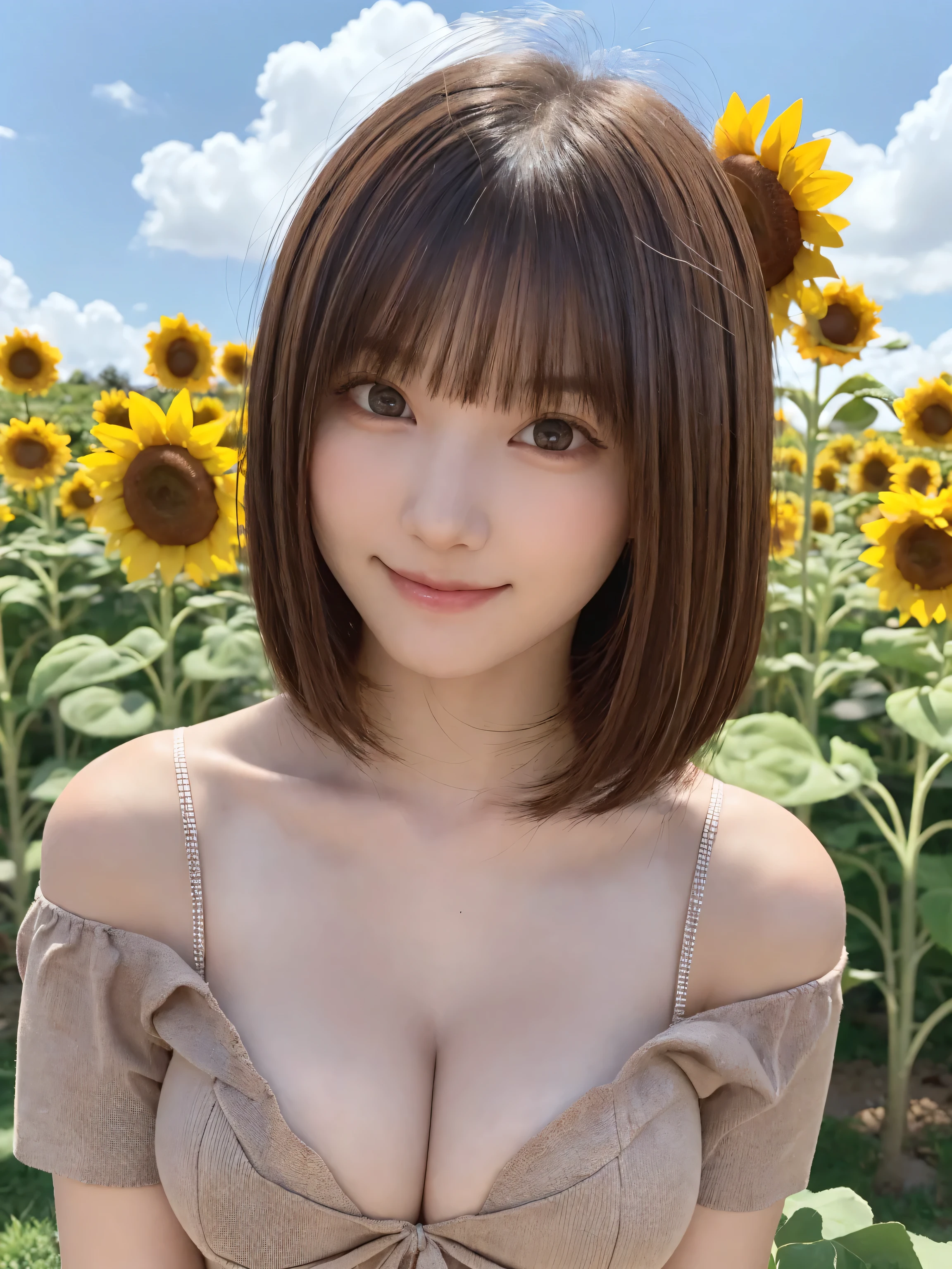 One Girl, (Beautiful girl, Delicate girl:1.3), (:1.3),
break,  (Summer off-the-shoulder tops:1.2),
break, (Sunflower field background:1.2),
break, smile, Very beautiful eyes, (Symmetrical eyes:1.3),
break, (Big Breasts:1.3), Brown eyes, Parted bangs, Brown bob cut hair, Round face, cute,
break, (Eye and facial details:1.0),
break, (masterpiece, Highest quality, Super detailed, Detailed face, 8K)
