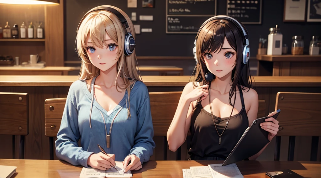 Girl with headphones enjoying music in a cafe I am studying Emphasize a little bit of the chest