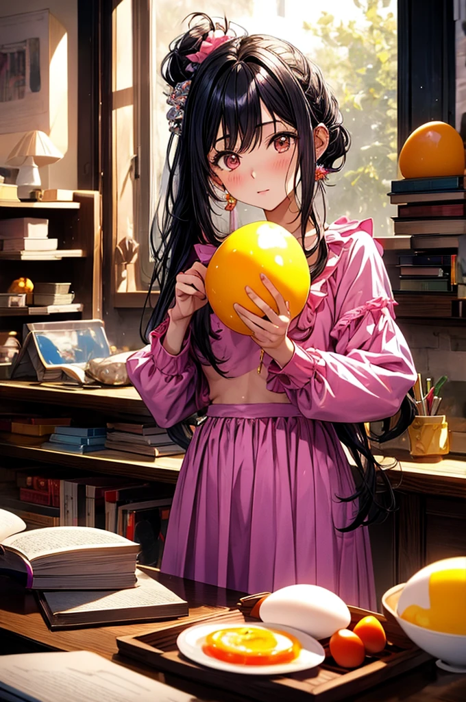 masterpiece, One girl, Medium chest, alone, araragi karen, hair ornaments, egg hair ornaments, Side Ponytail, Black Hair, food-themed hair ornaments, fried egg, View your viewers, egg (food), Long Hair, (Iris:1.1), Purple Skirt, No sleeve, Pink Shirt, homework, Book, Holding a pencil