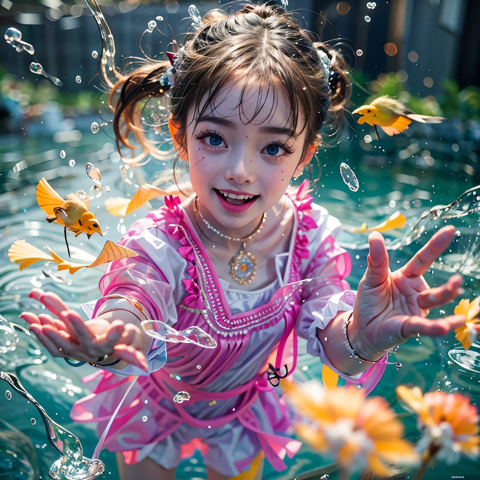 (8K TopQuality masterpiece: 1.2)(Realistic ProfessionalPhoto:1.37), VolumetricLighting. Tiny Girls, (girl jumping into the water)、Falling、splash water、shout、Luminous water surface、White and Bright colors, back lighting, Radiant PearlSkin, Stunning Elaborate pupil with (sparkling highlights:1.28) (Detailed KAWAII face) with cute lips, long eyelashes, Delicate clothes, {HiddenHand|Motion Blurred hand|(Corrected ****Like Hand)} 