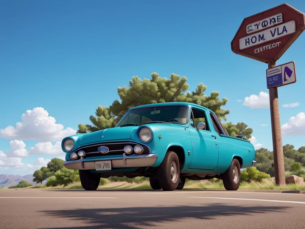 Image in aspect ratio 4:3; Highway scenery; blue and lilac sky; green vegetation; Route 66 sign on the side of the highway; gray highway; disney pixar style; qualidade hd; photo angle taken 150cm from the ground ; High definition; Canyons; Cactos