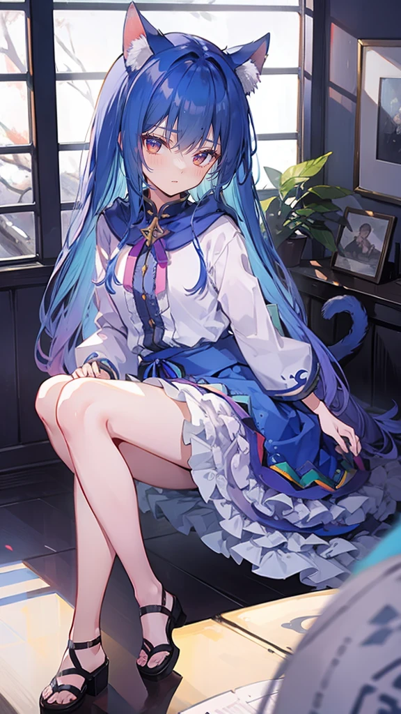 (masterpiece:1.2),Super detailed,lifelike,Expressive eyes,fair skin,perfect face shape,1 girl,
Japanese comics,Gorgeous blue hair,flowing blue hair,flowing clothes,Cat ears,Petals fall,beautiful lola,Baby Angel,
Shaking head with one hand,Cross your legs,Gentle and peaceful background,The pavilion is cool and comfortable,smile, wearing hoodie, In front of the window,snowing