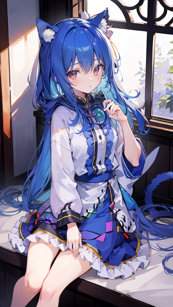 (masterpiece:1.2),Super detailed,lifelike,Expressive eyes,fair skin,perfect face shape,1 girl,
Japanese comics,Gorgeous blue hair,flowing blue hair,flowing clothes,Cat ears,Petals fall,beautiful lola,Baby Angel,
Shaking head with one hand,Cross your legs,Gentle and peaceful background,The pavilion is cool and comfortable,smile, wearing hoodie, In front of the window,snowing