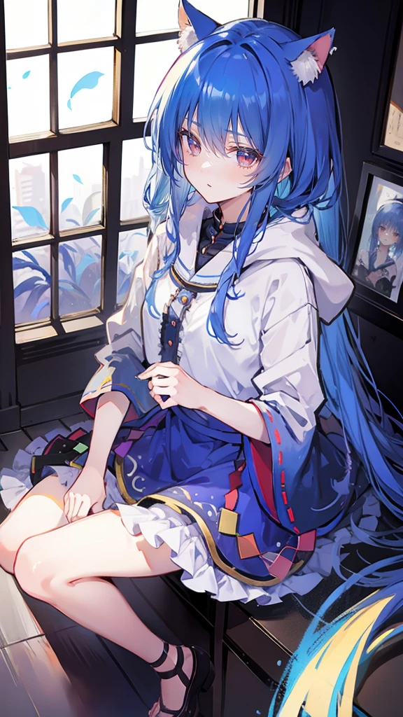 （masterpiece：1.2），Super detailed，lifelike，Expressive eyes，fair skin，perfect face shape，1 girl，
Japanese comics,Gorgeous blue hair,flowing blue hair,flowing clothes,Cat ears,Petals fall,beautiful lola,Baby Angel,
Shaking head with one hand，Cross your legs，Gentle and peaceful background，The pavilion is cool and comfortable,smile, wearing hoodie, In front of the window,snowing