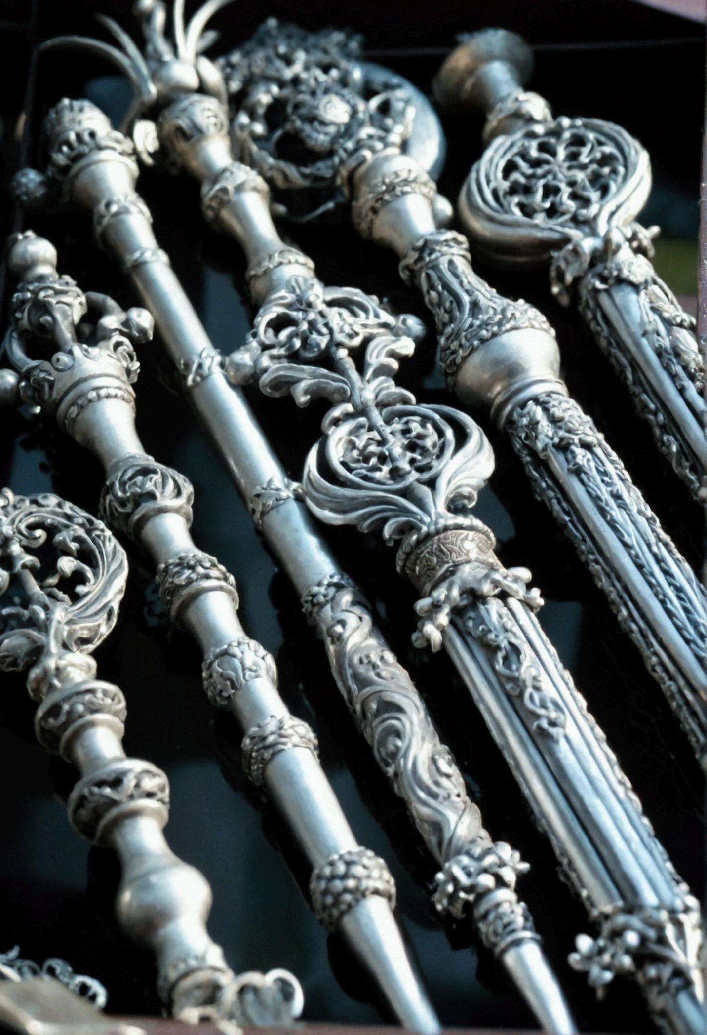 a black staff with gray metal around it, the staff is on a table with several wands in its drawers