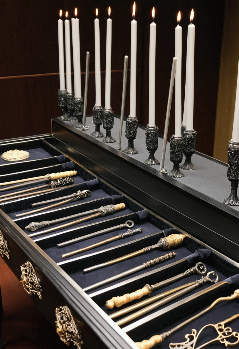 a black staff with gray metal around it, the staff is on a table with several wands in its drawers