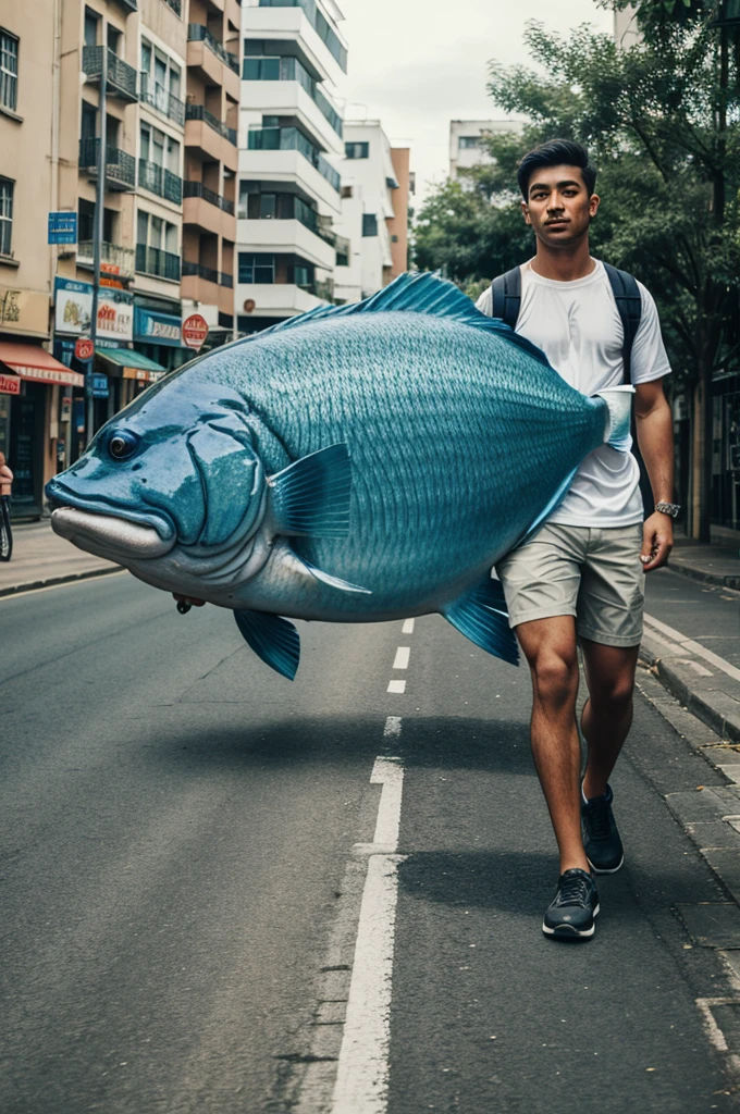 Walking a big fish having legs like man on the road