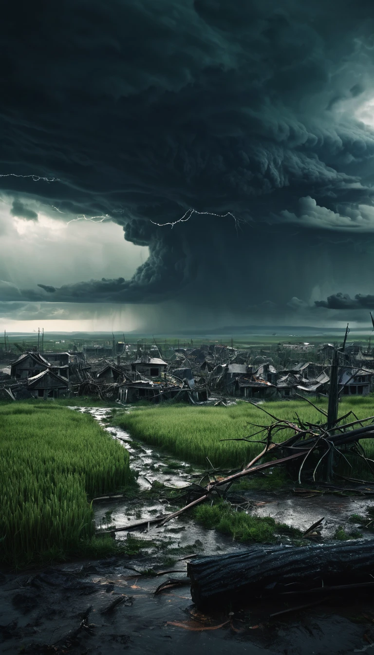 Dark fantasy world view.Severe storm.grassland.Town destroyed by storm.