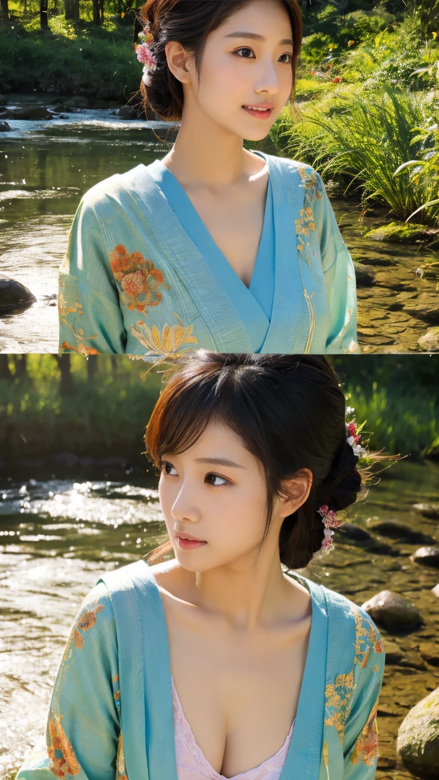 Traditional Japanese landscape、Artistic details、Artistic Ideas、Beautiful woman、Detailed skin