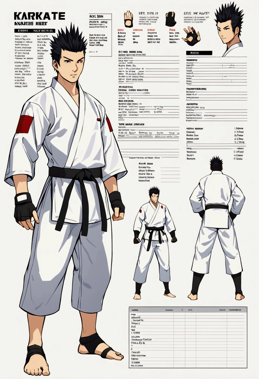 Asian Man, spikey hairstyle, Sci-fi body suit underneath a Karate uniform, Karate belt, Sci-fi gloves, character sheet, white paper background