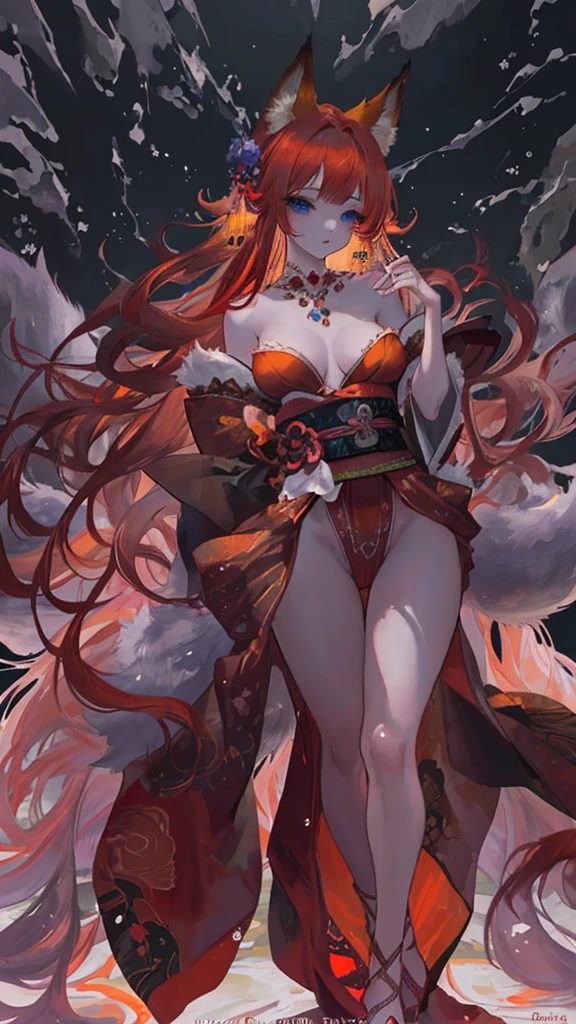 With delicately pointed fox-like ears atop her head and nine voluminous, fluffy tails cascading behind her, the enchanting figure before us embodies a mystical and ethereal beauty. This stunning portrayal, whether in a painting, photograph, or digital art, captures every nuance of her otherworldly allure. The vibrant colors of her fur, a mesmerizing blend of fiery oranges and soft creams, seem to shimmer and dance in the light, highlighting the intricate details of each tail and ear. The image is so exquisitely rendered that one can almost feel the softness of her fur and hear the gentle rustling of her tails as she moves. It is a masterful work of art that immerses viewers in a world of fantasy and wonder. and make her more sexy by giving her very big and give her a . give her blue eyes blood red hair and h cup chest. and a small beauty spot on her right breearing a beautifully red kimono with flower patters on it