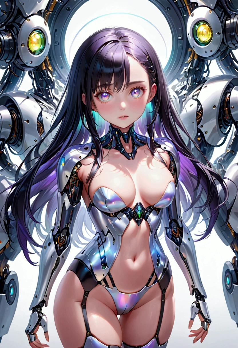 (masterpiece), best quality, expressive eyes, perfect face, Girl,long dark iridescent hair, iridescent eyes, small waist, small , large thighs,robotic clothes