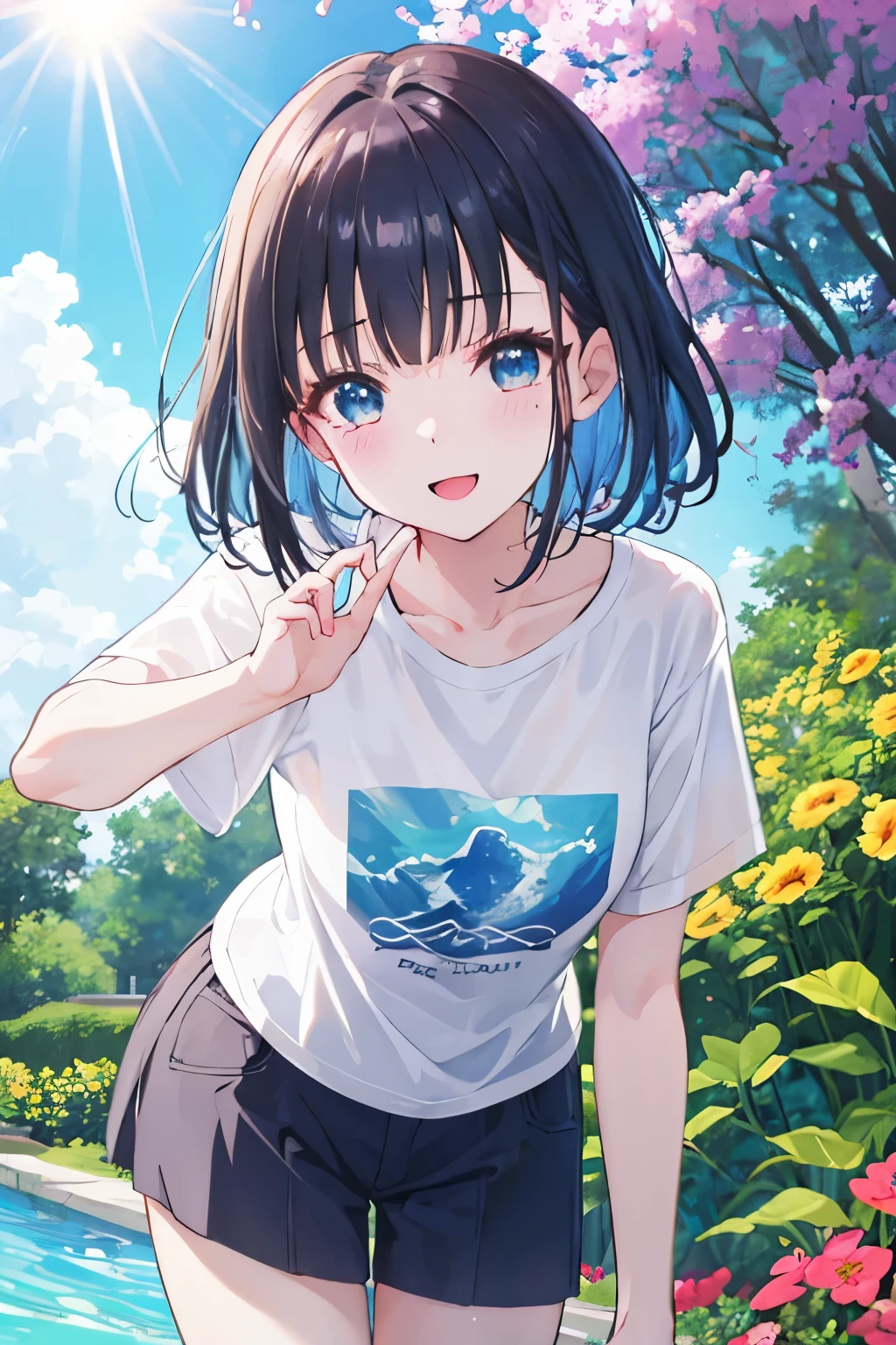 Masterpiece、Anime Coloring、Ultra fine、、、One Girl、Open your mouth wide、Lower Angle、cowboy shot、looking at the camera、smile、blush、Watery eye、Parted bangs、DullＴshirt、Leaning forward、garden、blue sky、sunny、