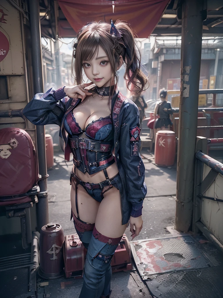 (Full Body View:1.2)、(Smiling with teeth showing:1.3),(Shibuya Gal:1.5)、(Beautiful:1.4)、(Neo-Goth Fashion:1.5)、(Punk RockVisual Kei:1.3)、(Futuristic red, magenta, denim and navy blue :1.5)、(Delicate red and magenta cardigan:1.5)、(Gorgeous decorated corset:1.4)、(Navy garter belt:1.5)、(Red and magenta cargo pants:1.3)、(Heart-shaped silver accessories:1.5)、(Brown Skin Belt:1.4)、(Red high heels:1.4)、(Lace :1.4)、20-year-old、Browsing Caution,((Highest quality、In 8K、masterpiece:1.3))、Sharp focus:1.2、(Layered Cut、Huge :1.1),Beautiful woman with perfect figure:1.4、(Dance vigorously:1.3)、Slim Abs:1.2、Butt、Highly detailed face and skin texture、Fine grain、double eyelid,(Twin tails:1.3)、(Brown blonde:1.3)、Obscene、Idol Sculpture、(In the background is a gorgeous medieval metropolis on a sunny day:1.3)、(Slimming your legs:1.4)、(The body is slim:1.3)、(clavicle:1.1)