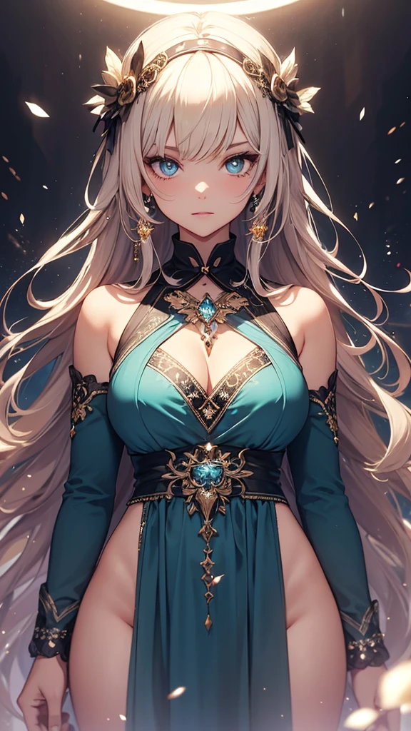 One Girl, Long Hair, Light Hair Color, Captivating eyes, Mysterious look, Mature Appearance, Attractive dress, loose fitting dress, Elegant Jewelry, Elaborate decoration, Magic symbols, Glowing Accessories, part, scroll, Cute accent,ribbon, Magical Effects, Crystal Jade, Particles of light, Rubik'square,