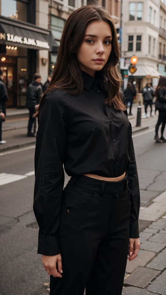 woman, brown hair, black long sleeve shirt black pants