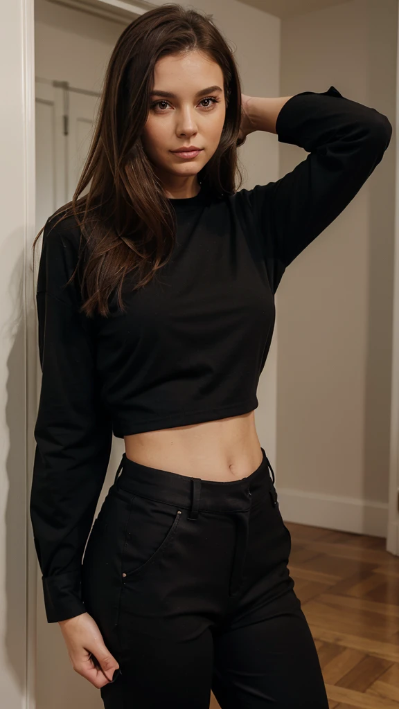 woman, brown hair, black long sleeve shirt black pants