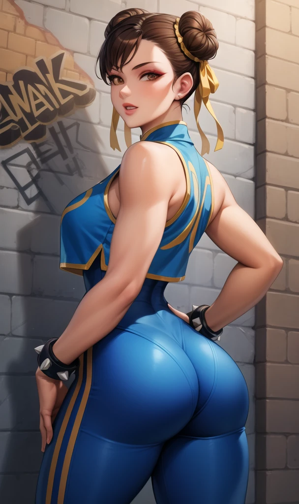 perfect eyes:1.2, detailed eyes:1.4, makeup, sfa chun, alphachun, red eyeshadow:1.2, makeup:1.2, unitard, blue vest,  blue pants, skintight, yellow ribbon, brown eyes, short hair, brown hair, double bun, spiked bracelet, cowboy shot, 1girl, solo, (masterpiece:1.6, best quality), 8k, insane details, intricate details, hyperdetailed, hyper quality, high detail, ultra detailed, professional, HDR, ray tracing reflection, cinematic lighting,

