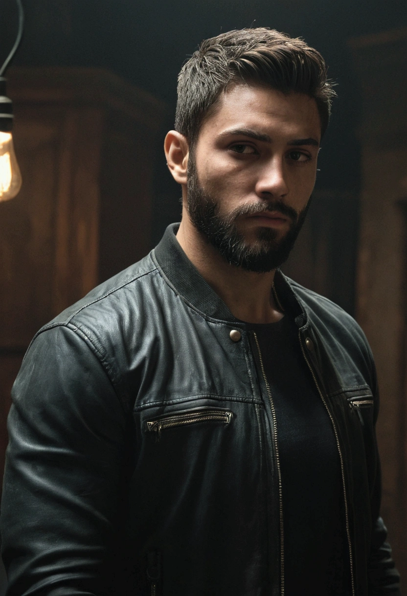 ((best qualityer)), ((realistic shoulders)), (detailded), ung 26-year-old man in an extremely dark room with poor lighting, He has a trimmed beard and short hair back and little muscle., dressed in dark clothes , dark shirt and dark jacket