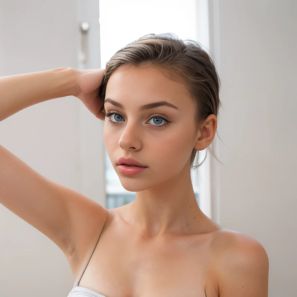 (tween glamour model), close up, face focus, natural light, tomboy, skinny, thin, slim, lean, slender, nubile, posing for picture, very short hair, blonde hair, pale white skin, blueeyes, natural lighting, thin waist, armpits, fat lower lip, huge bimbo lips, (thick lips), young, youthful, teen, teenager, grey background,