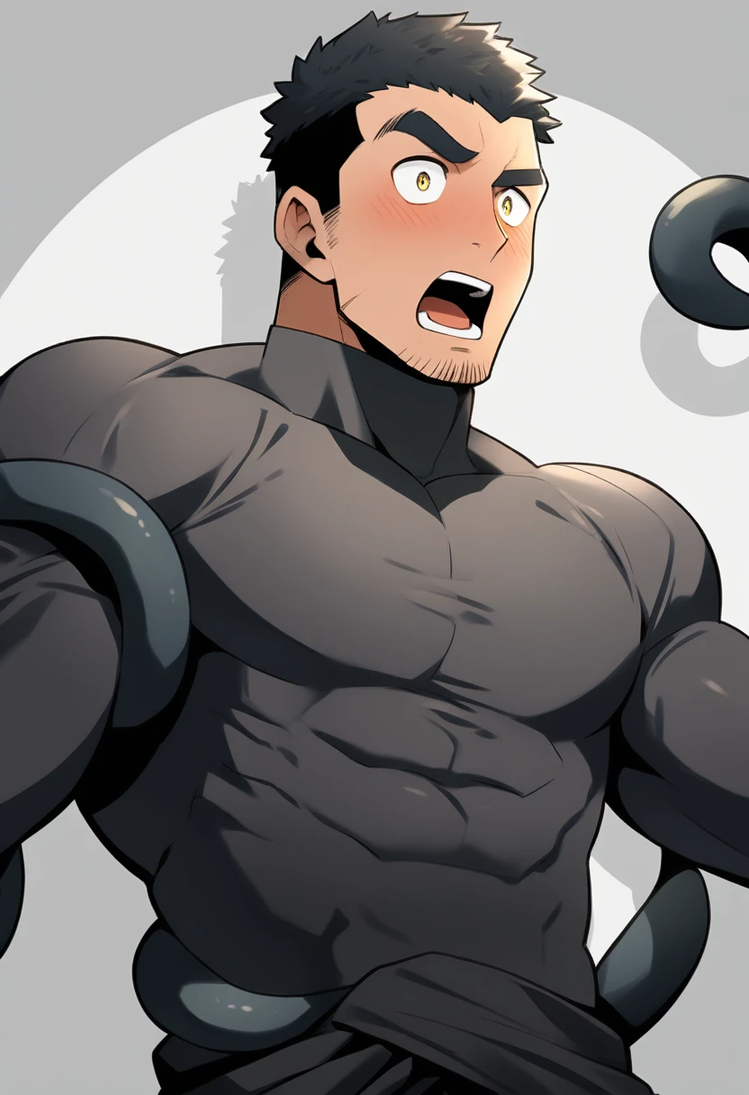 anime characters：Superhero in tights, negro black skin, He was entangled by a large number of thick black tentacles, Very stout, Lots of mucus, Wrap around the neck, Wrap around the waist, Tightly tied, Manliness, male focus, Yellow and black high collar long sleeve tight T-shirt, Slightly transparent material, Very tight, Round, full and perky chest muscles, Male dog waist, Slightly transparent, muscular male, muscular, only, Upper body, alone, Black short hair, Thick eyebrows, stubble, Yellow eyes, Grey background, simple background, amazing quality, best aesthetics, Ridiculous, bright pupils, crew cut, parted lips, blush, open mouth, scared, drop shadow, best quality