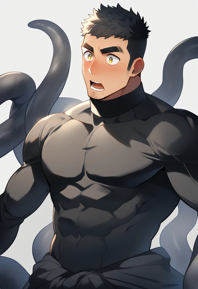 anime characters：Superhero in tights, negro black skin, He was entangled by a large number of thick black tentacles, Very stout, Lots of mucus, Wrap around the neck, Wrap around the waist, Tightly tied, Manliness, male focus, Yellow and black high collar long sleeve tight T-shirt, Slightly transparent material, Very tight, Round, full and perky chest muscles, Male dog waist, Slightly transparent, muscular male, muscular, only, Upper body, alone, Black short hair, Thick eyebrows, stubble, Yellow eyes, Grey background, simple background, amazing quality, best aesthetics, Ridiculous, bright pupils, crew cut, parted lips, blush, open mouth, scared, drop shadow, best quality