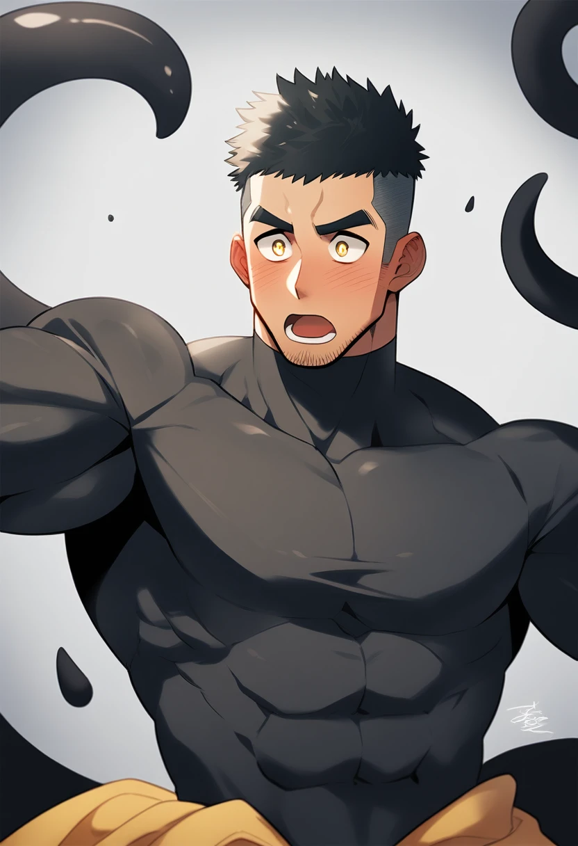 anime characters：Superhero in tights, negro black skin, He was entangled by a large number of thick black tentacles, Very stout, Lots of mucus, Wrap around the neck, Wrap around the waist, Tightly tied, Manliness, male focus, Yellow and black high collar long sleeve tight T-shirt, Slightly transparent material, Very tight, Round, full and perky chest muscles, Male dog waist, Slightly transparent, muscular male, muscular, only, Upper body, alone, Black short hair, Thick eyebrows, stubble, Yellow eyes, Grey background, simple background, amazing quality, best aesthetics, Ridiculous, bright pupils, crew cut, parted lips, blush, open mouth, scared, drop shadow, best quality