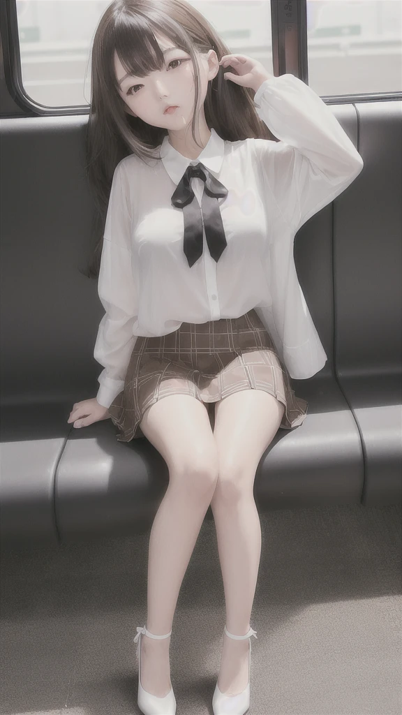 20-year-old women,,Clear images、Real women 、Brown Hair, Medium Hair〜Half-up、She is sleeping soundly with her mouth open.., Slim figure ,Breasts are a little bigger than normal , Head to toe full body shot, Shiny white high heels、 Blouse with ribbon on the chest、Checkered mini skirt, Sit comfortably in the back of the bus, 、私 threw my head back and fell into a deep sleep..,Arms hanging down. I'm exhausted on the way home after work..Sleeping like the dead.My knees are open, Both feet are on the floor, sleeping face, close your eyes, Mouth wide open Tilt your head back and look up, I can rest my head on the seat and sleep soundly..., Anatomically correct,Composition looking up from the front