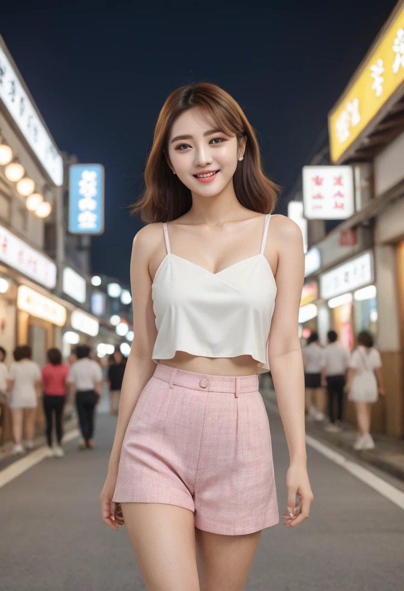 (best quality,16K,High resolution,Masterpiece:1.2),very detailed,(realistic,realistic,Realistic photos:1.37),Korean fashion beauty,Japanese and Korean beauty,cuteและไร้เดียงสา,Detailed eyes and face,Beautifully detailed lips,white teeth,Long eyelashes,Thinning,Fashionable in dressing,Shorts, short skirts,The upper circumference is plump.,,(cute,charming:1.1),พื้นหลังถนนbright colors,Stylish clothes and accessories,The fabric of the clothes is smooth.,style portrait photography,bright colors,street light.